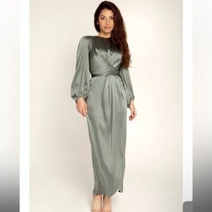 Sage green satin dress with front tie details